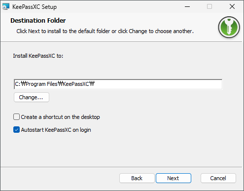 KeePassXC Installationspfadauswahl und Autostart-Optionseinstellungen