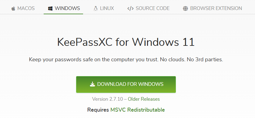 KeePassXC Windows 11 Download-Seite