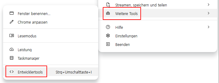 Wählen Sie Weitere Tools - Entwicklertools aus dem Chrome-Menü