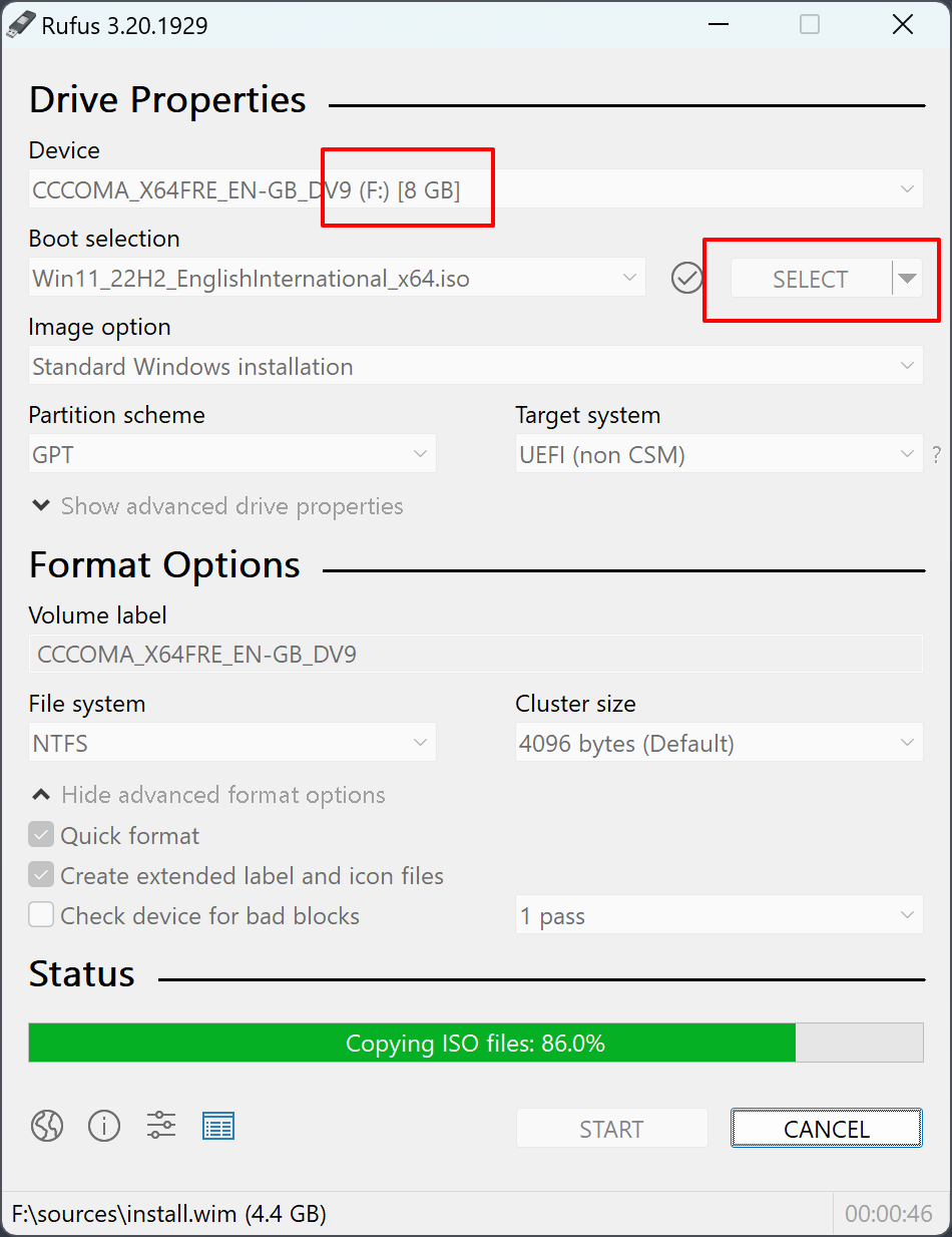 Rufus-Haupteinstellungsbildschirm