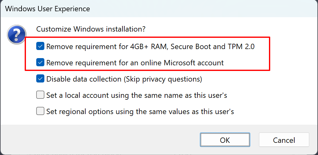 Rufus-Benutzererfahrungseinstellungen